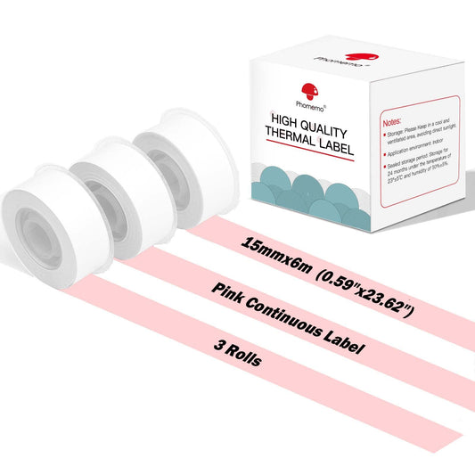Phomemo D30 Continuous Adhesive Thermal Label Sticker Label 15mmx6m, 3roll, Pink, Waterproof, Oilproof, Used for Kitchen Marking, File Classification, Gift label or DIY label