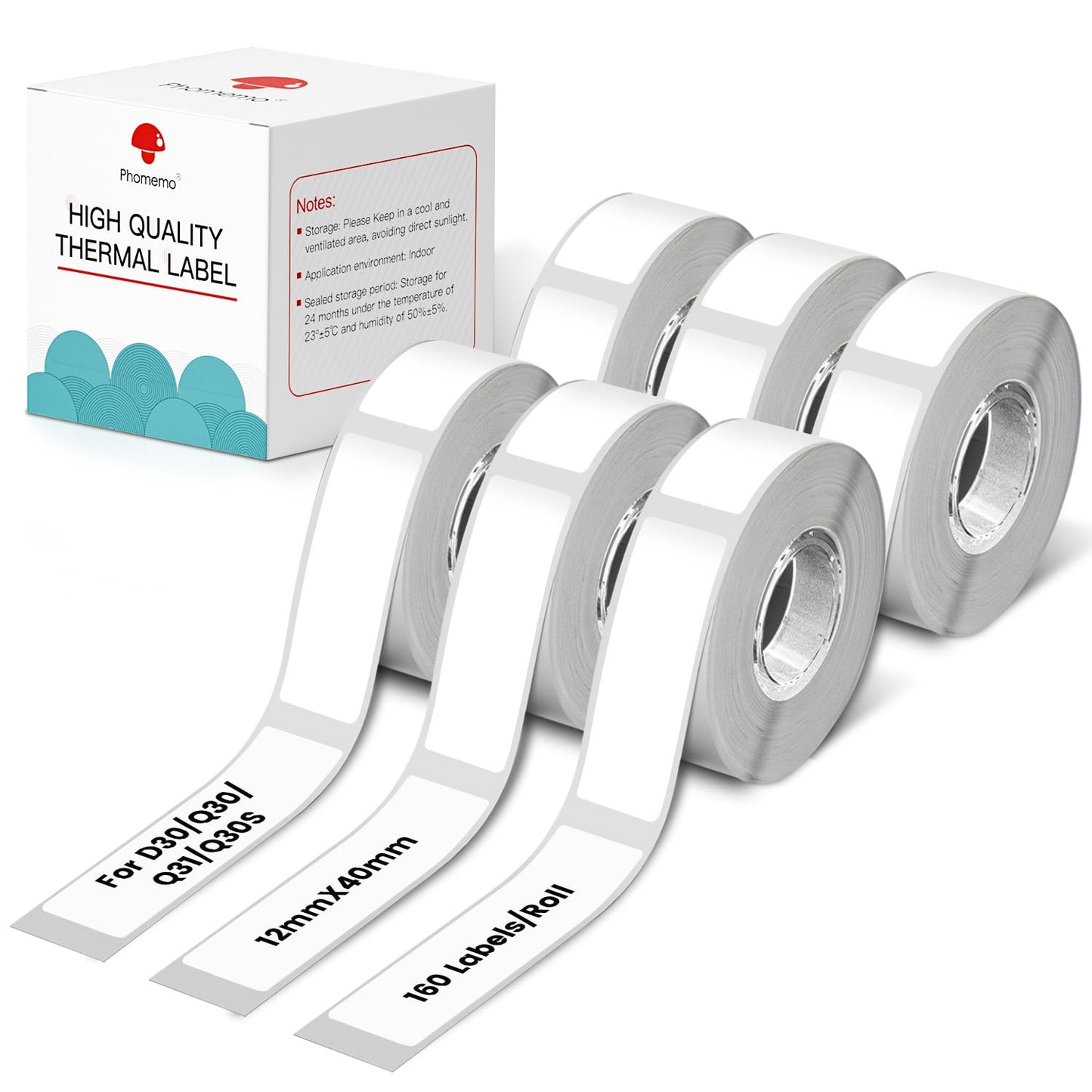 6 rotoli etichetta Phomemo D30, 12mm ¡Á 40mm, D30 etichette termoadesive multifunzionali, compatibile con la stampante etichette PhomemoD30, adatta per casa, ufficio, scuola. 160/rotolo, 6 rotoli