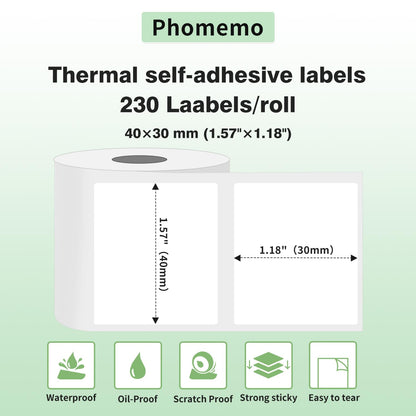 Phomemo Thermal Label Paper - Multifunctional Adhesive Label, Address Label, 40x30mm (1.57'' x 1.18''), Suitable for Phomemo M110 M200 Label Printers, 230 Labels/Roll