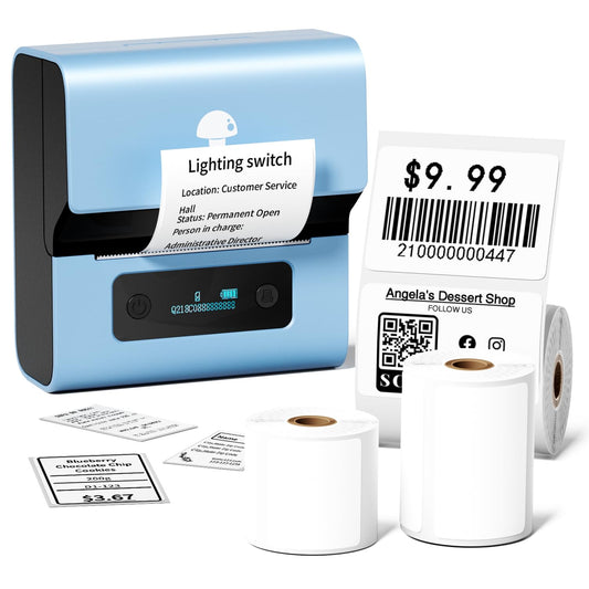 Phoemo M221 impresoras de Etiquetas Juego,Etiquetadora portátil Bluetooth, Impresora Etiquetas Bluetooth térmica con 3 Rollos Etiquetas,Adecuado para Comercio minorista, Empresas, oficinas(Azul)