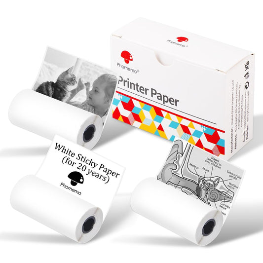Phomemo Paper - 20 Year White Self Adhesive Paper, M02/M02Pro/M02S/M03/M03AS/M04S/M04AS Mini Sticker Printer Paper, Mini Thermal Pinter Paper, 3 Rolls