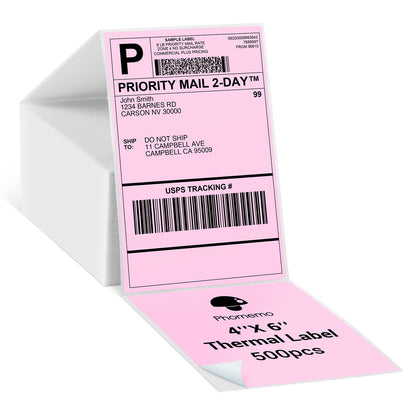 Phomemo 4X6'' Thermal Shipping Labels -Fan-Fold Labels-for Shipping Labels, Address, Mail, Product Logo Labels, 500pcs,Pink
