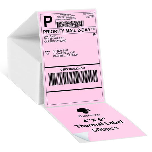Phomemo 4X6'' Thermal Shipping Labels -Fan-Fold Labels-for Shipping Labels, Address, Mail, Product Logo Labels, 500pcs,Pink