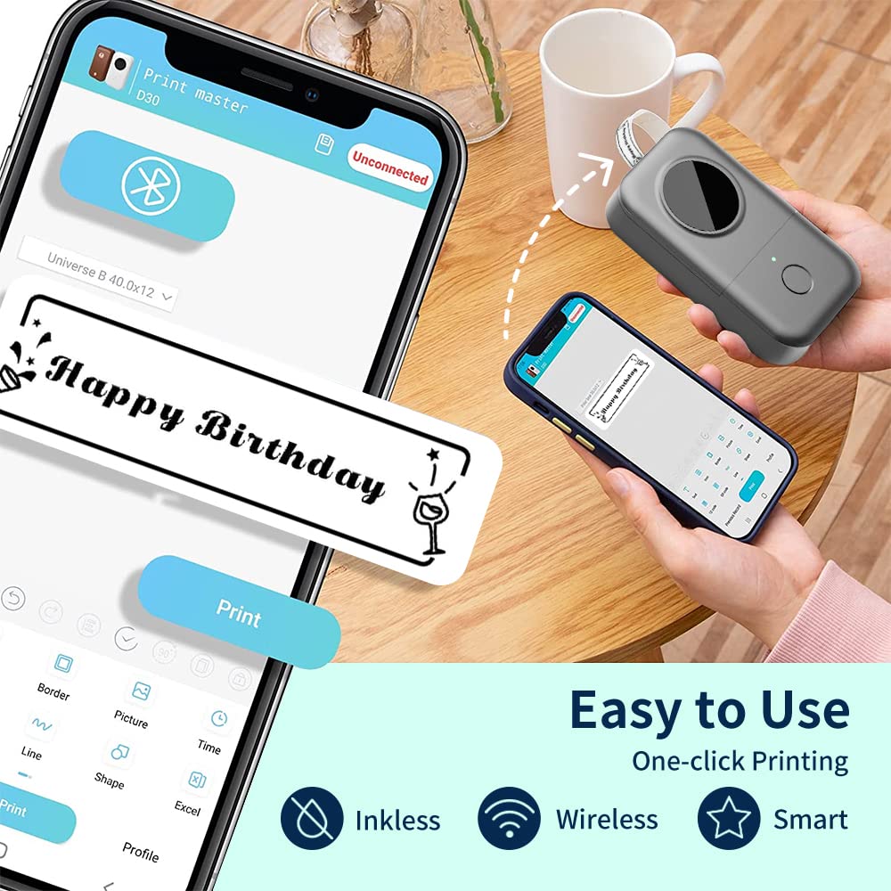 Phomemo D30 Etichettatrice Bluetooth, Mini Etichettatrice Etichette Adesive, Stampante Termica per iOS & Android,Bluetooth Stampante Etichette Autoadesive per La Casa, L'ufficio e la Scuola - Nero
