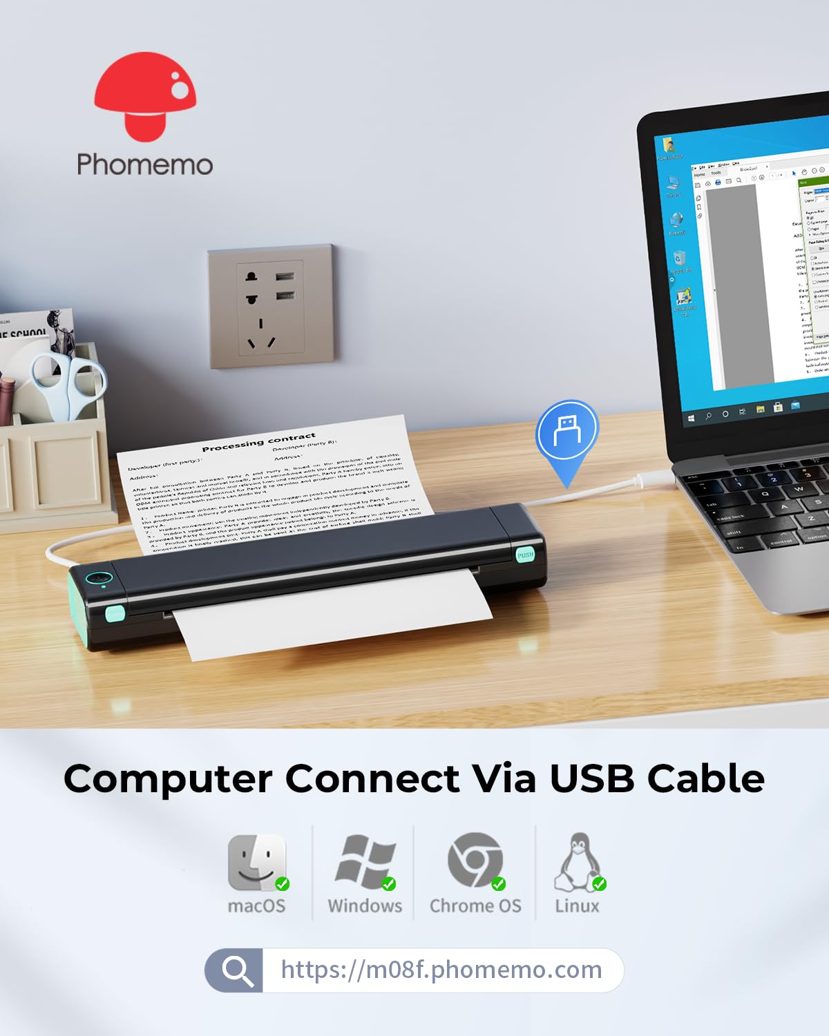 Phomemo Portable Printer Wireless for Travel, [New] M08F-Letter Bluetooth Mobile Printer Support 8.5 inch x 11 inch US Letter, No-Ink Thermal Compact Printer, Compatible with Android and iOS Phone & Laptop