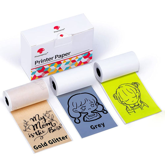 Phomemo Printer Paper - M02/M02Pro/M02S/M03/M03AS/M04S/M04AS Mini Sticker Printer Paper, Gold/Yellow/Grey Mini Pocket Printer Paper in Adhesive Decal Paper, 3 Rolls