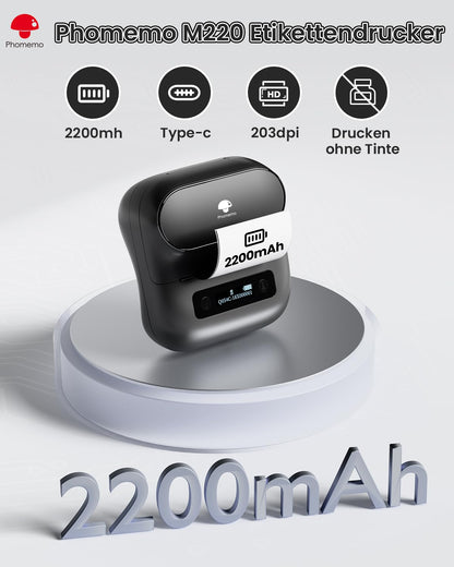 Phomemo M220 Impresora Térmica de Etiquetas,Etiquetas de Dirección Bluetooth para Códigos de Barras,Hogar y Oficina, Etiquetado Escolar,Etiquetadora para Android e iOS,3 Etiquetas y 1 Storage Box Case