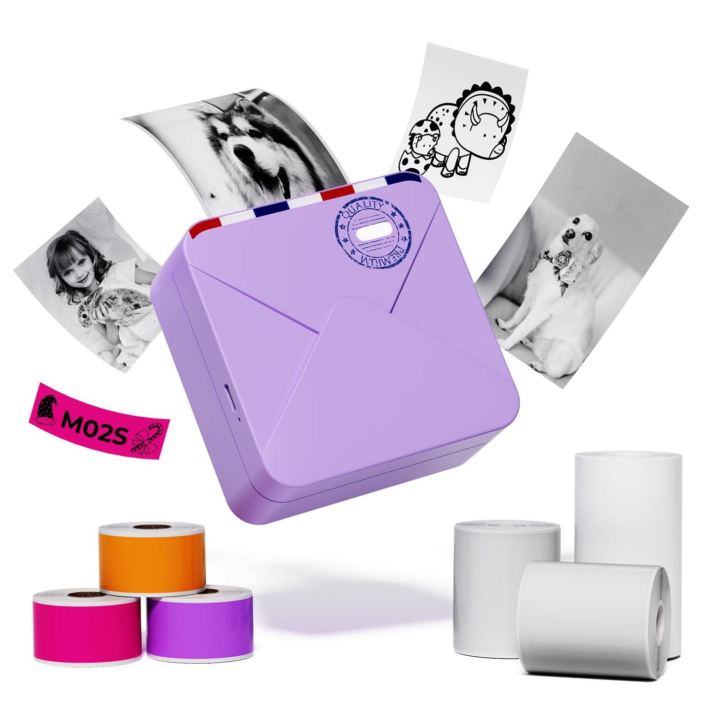 Phomemo Pocket Printer- 300dpi Bluetooth Inkless Mini Phone Printer- Note Printer for DIY Creation, Photo Printing, Study Notes, with Total 6 Rolls Paper, Purple