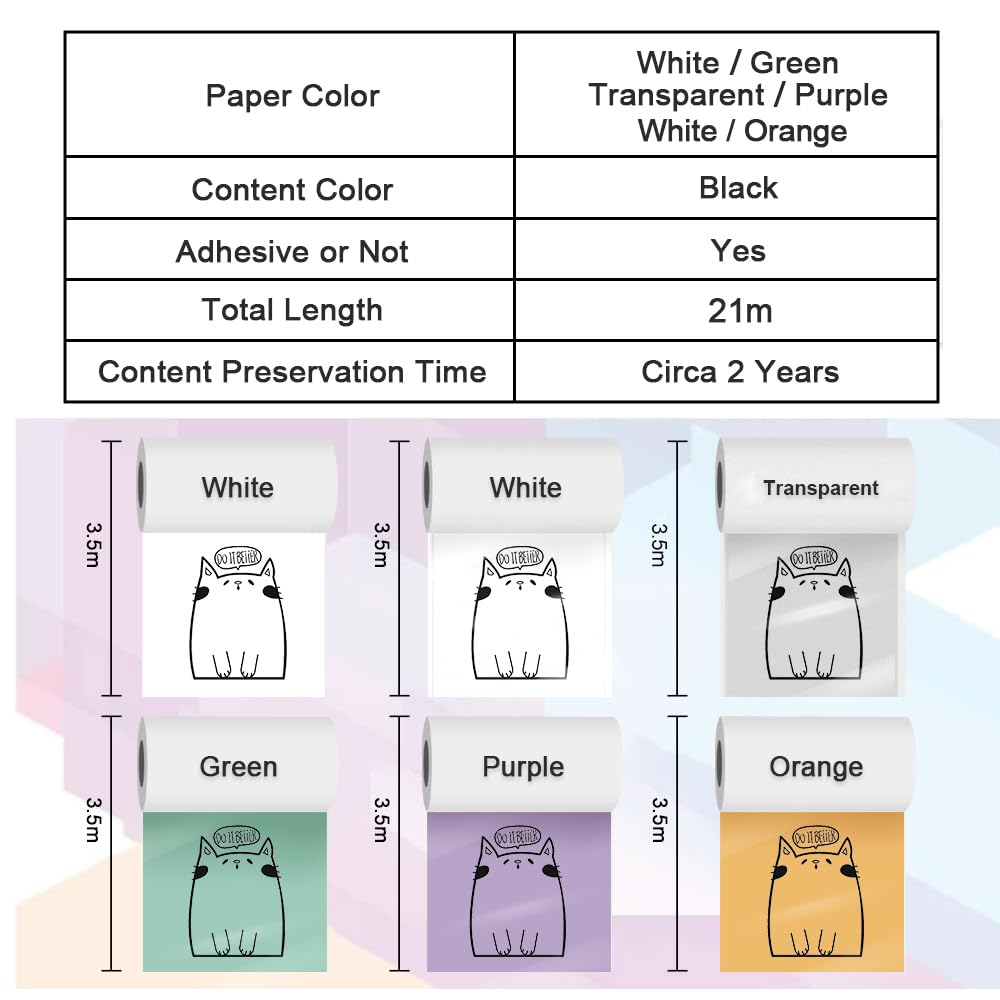 Phomemo Printer Paper Set of 6 Adhesive, Clear, White, Green, Purple and Orange, Printer Paper for Phomemo M02 M02S M02 Pro M03