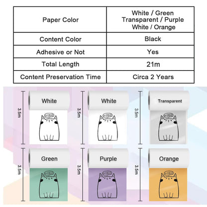 Phomemo Printer Paper Set of 6 Adhesive, Clear, White, Green, Purple and Orange, Printer Paper for Phomemo M02 M02S M02 Pro M03