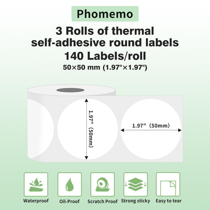 Phomemo Thermal Label Paper, 3 Rolls of Multifunctional Adhesive Label, Round Label, Compatible with Phomemo M110 M200 Label Printer, 50x50mm (1.96'' x 1.96''), 140 Labels/Roll, 3 Rolls Total