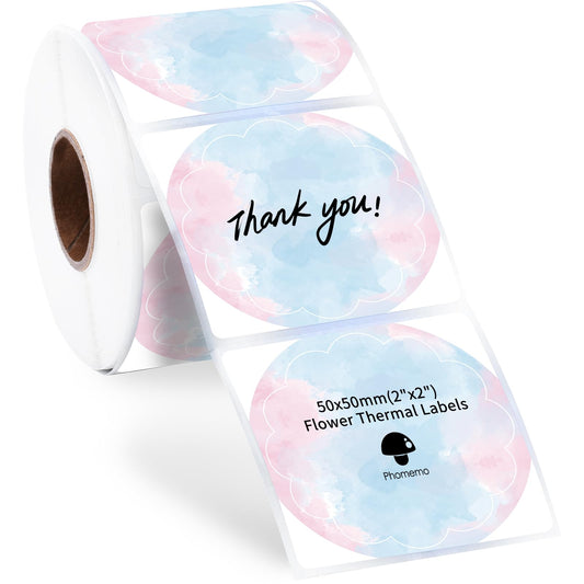 Phomemo Ronde Etiketten Stickers Thermische 50x50mm,Zelfklevende Bloem Veelkleurige Stickers,Cirkel Gepersonaliseerde Handgemaakte Etikettenstickers Voor Bedankje,Logo,Naam,QR Code(500 Etiketten/Rol)