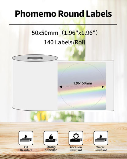 1 Roll 1.96'' x 1.96'' Thermal Labels for Phomemo M220 M110 M221 M120 M200 Thermal Label Maker, Round Labels for Home, Office, School, Store, Easy to Use