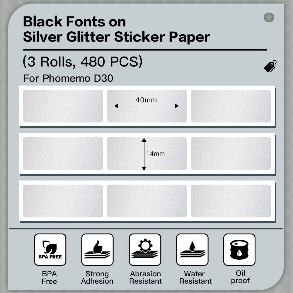 D30 Thermal Paper - Silver Glitter Label Paper, Adhesive Label, Thermo-Label Paper for Pictures/1D Code/QR Code/Text/Symbols/Excel/Price/Name, Home Work, 14x40mm, 3 Rolls