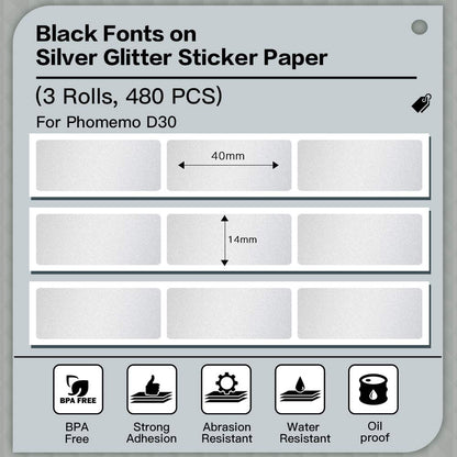 D30 Thermal Paper - Silver Glitter Label Paper, Adhesive Label, Thermo-Label Paper for Pictures/1D Code/QR Code/Text/Symbols/Excel/Price/Name, Home Work, 14x40mm, 3 Rolls