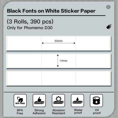 Phomemo D30 D30Pro Papier autocollant autocollant auto-adhésif, blanc, 14x50mm, pour imprimantes portables Bluetooth mobiles, 3 rouleaux