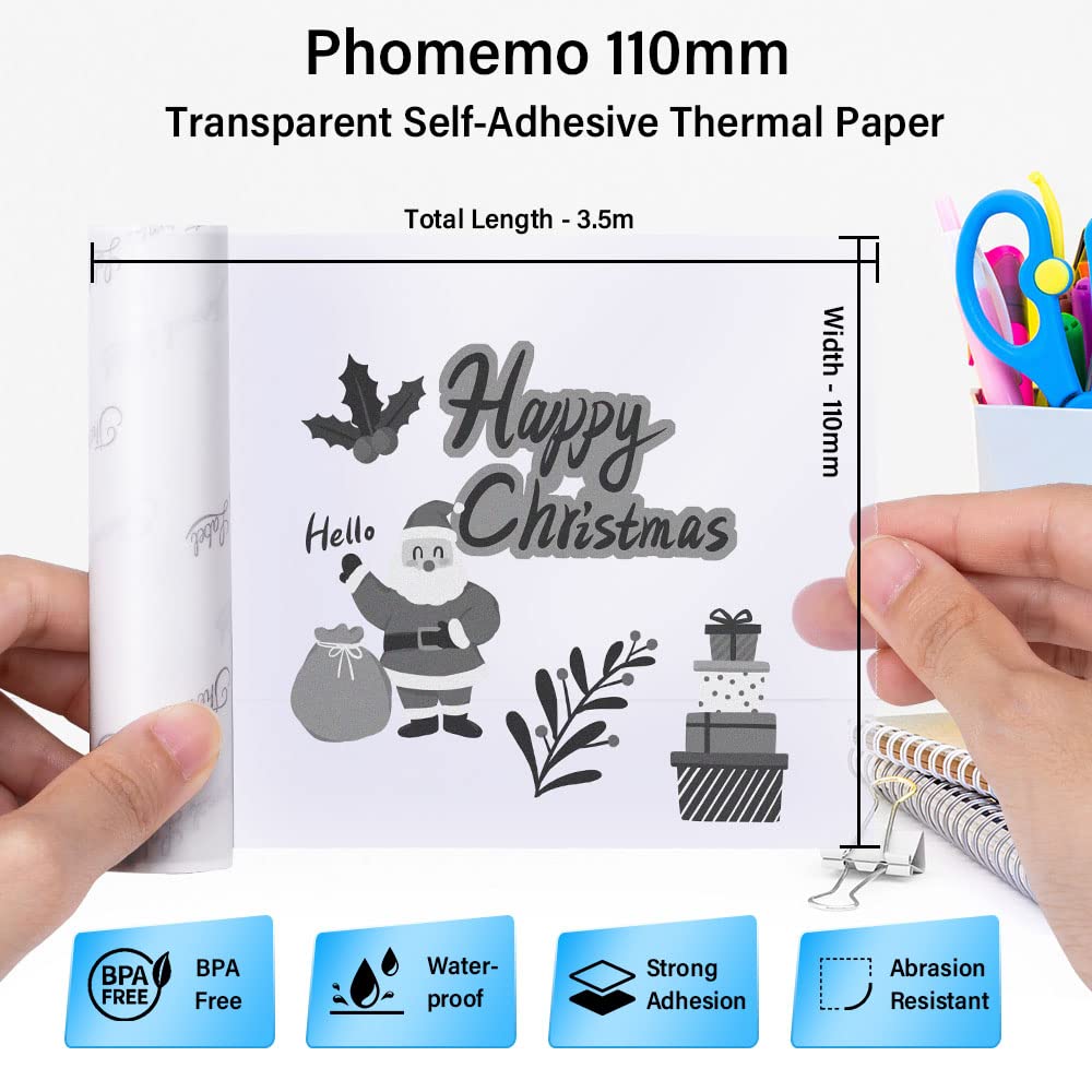 Phomemo 110 mm Transparentes Druckerpapier Kompatibel für Phomemo M04S/M04AS Mini Thermo Taschendrucker, 3 Rollen selbstklebendes transparentes Thermo-Aufkleberpapier, 110 mm x 3,5 m, 3 Rollen