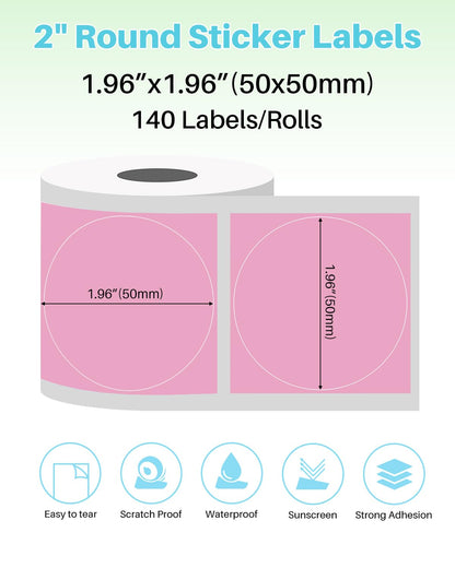 Phomemo 3 Rotoli Etichette Rotonde Per Stampante M110/M221/M220/M120/M200, 50 X 50mm Etichetta Circolare Rotonda Per Etichette, Adatto Per Ufficio, Famiglia, Scuola, Nome, 140 Etichette/Rotolo, Rosa