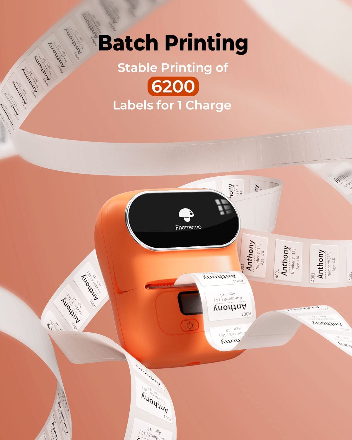 Phomemo M110 Impresora de Etiquetas,Juego de 3 Rollos de Etiquetas,Etiquetadora Autoadhesiva para Teléfono y PC,Impresora de Etiquetas Bluetooth,para el Hogar,La Oficina y la Pequeña Empresa(Naranja