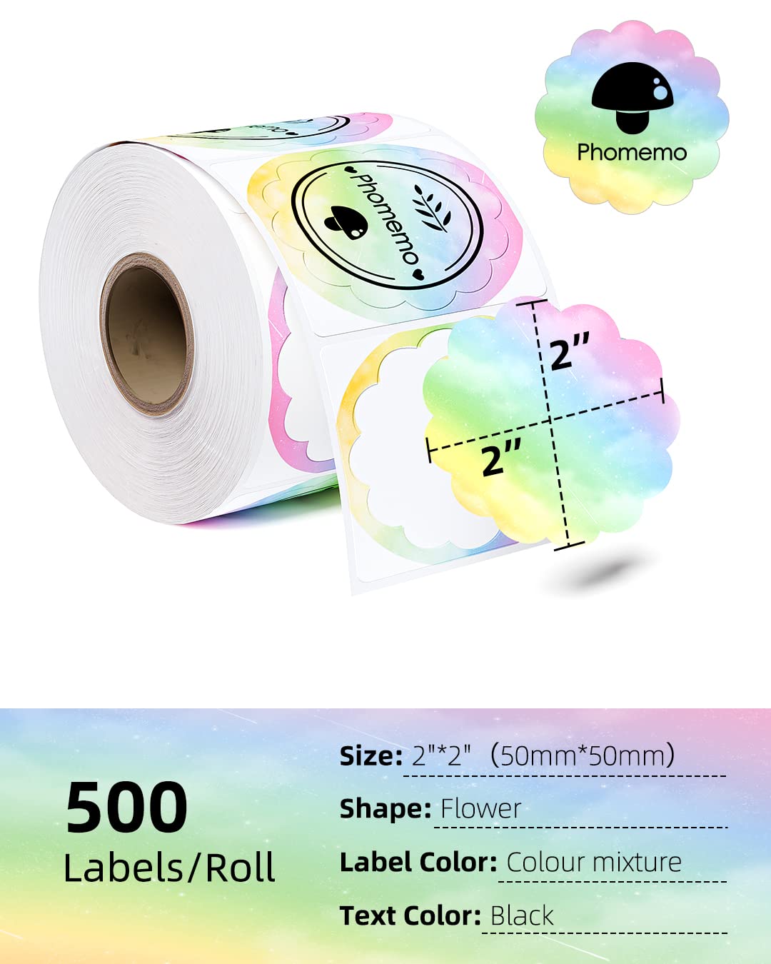 Phomemo 2'' Pattern Direct Thermal Labels, Self-Adhesive Thermal Stickers Labels, Thermal Printer Labels for Name Tag, Address, Logo Design, Shipping, DIY Design, QR Code, 500 / 1Roll