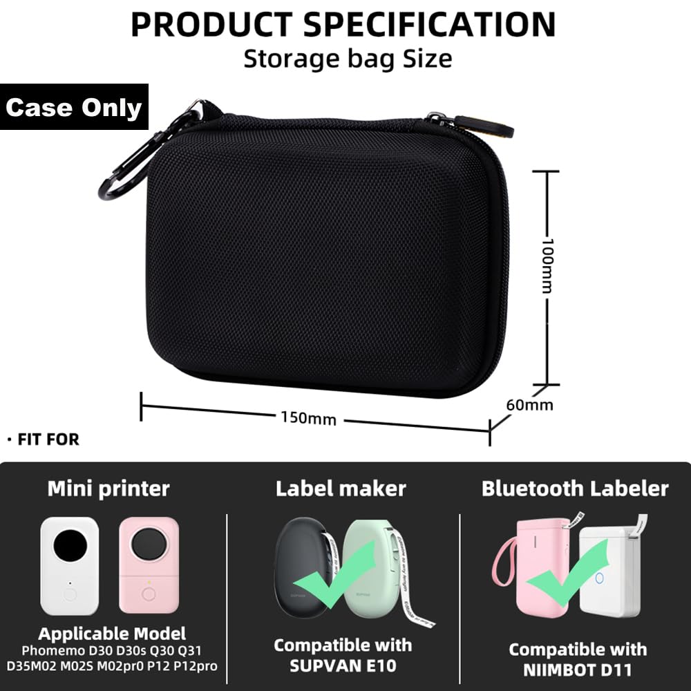Phomemo D30 D35 Label Maker Case, Storage Bag Compatible with NELKO P21/NIIMBOT D11/JADENS D110/SUPVAN E10 Label Printer, Fits for Mini Labels Sticker Machine, Box Only - Black