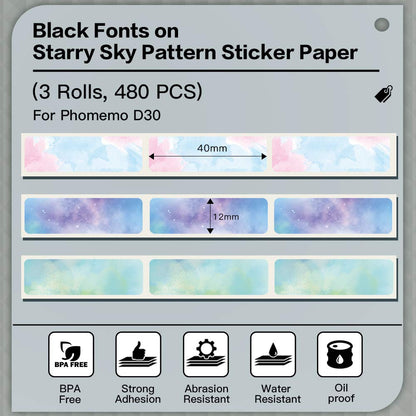 D30 Thermal Paper - Compatible with Phomemo D30 Starry Sky Sticker Paper, Adhesive Labels, Thermo-Decal Paper for Printing Images/1D Code/Text/Symbols/Price/Etc, 12x40mm, 3 Rolls