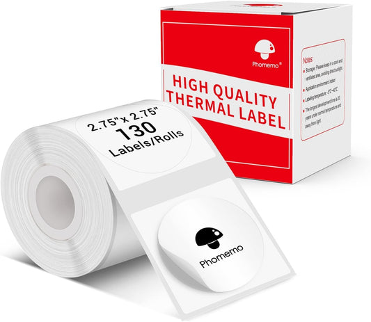 Phomemo Sticker Circle Labels- 2.75''x2.75''(70x70mm) Thermal Label for M221/M220/M200, for Barcode/Address/Mailing/Logo/Business/Home Tag, Black on White