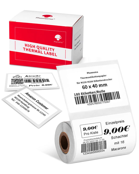 Phomemo thermal labels, thermal label paper for label printers M220 M200, multifunctional adhesive label, address label, price tag, 60 x 40 mm (2.35 x 1.57 inch), 180 labels/roll