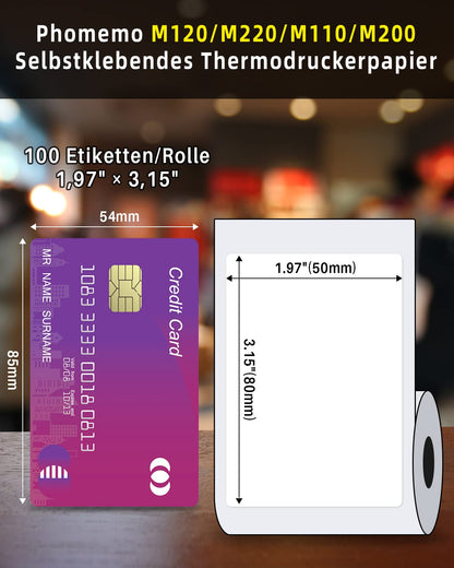 Phomemo Printeretiketten voor M120, M220, M110, M200, M221 labelprinter, multifunctionele barcode, levensmiddelen, kleding, naam, adreslabels, 3 rollen 50 x 80 mm, 100 etiketten/rol