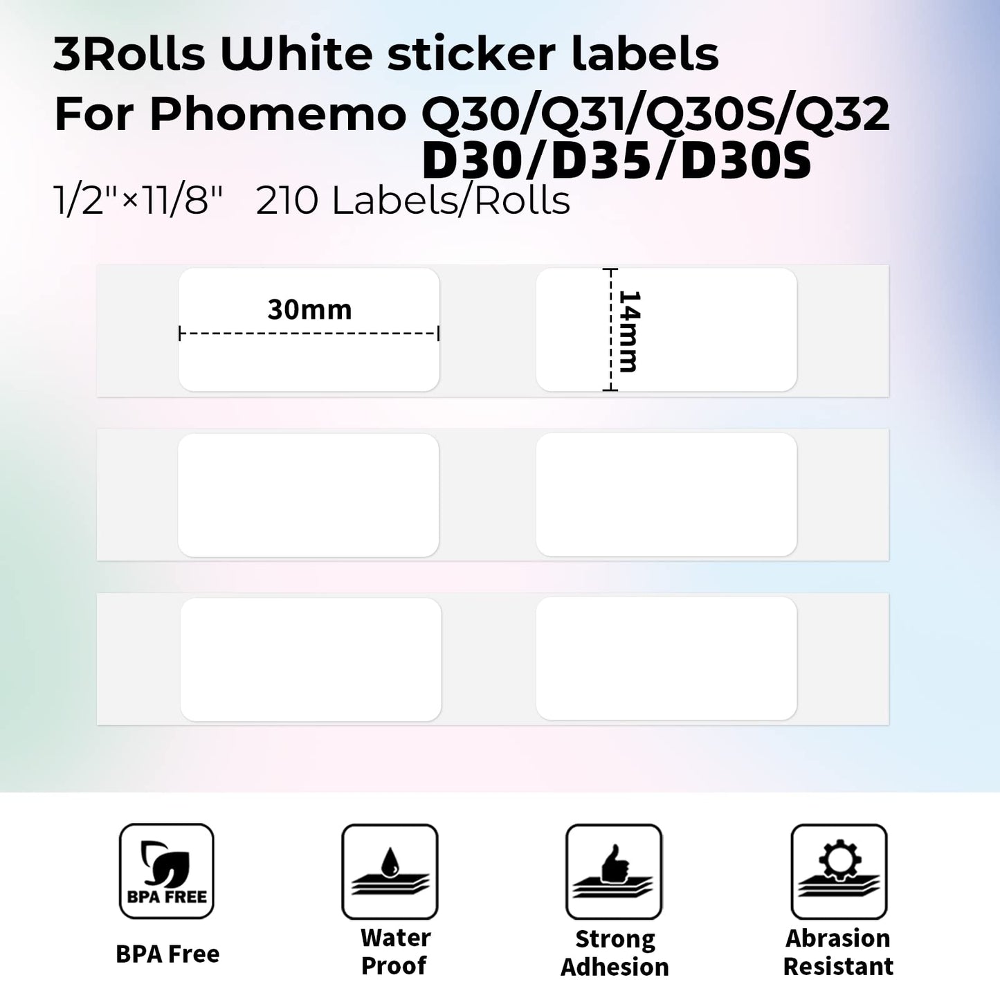 Phomemo Q30 Q30S Q31 Q32 D30 D35 D30S Label Paper, 14x30mm [ 1/2'' x 1 1/8''] Label Tape for Phomemo Q30S/Q31/D30 Label Maker, Phomemo Labels Suitable for School,Home,Name,210pcs/Roll, Total 3 Rolls