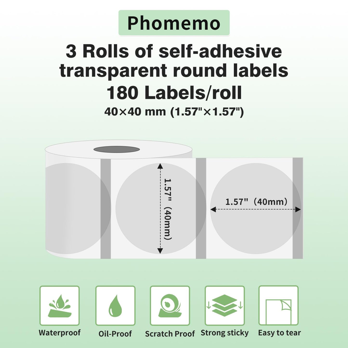 Phomemo 3 rollen M110 labels, 40 mm x 40 mm, zelfklevende transparante ronde etiketten, compatibel met Phomemo M110/M120/M220/M221/M200 labelprinters, 180/rol, 3 rollen