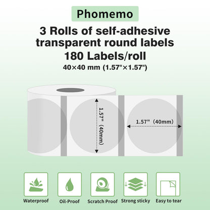Phomemo 3 rollen M110 labels, 40 mm x 40 mm, zelfklevende transparante ronde etiketten, compatibel met Phomemo M110/M120/M220/M221/M200 labelprinters, 180/rol, 3 rollen