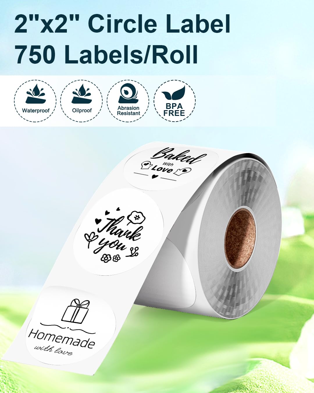 Phomemo 2x2 White Circle Thermal Direct Shipping Label, 2''x 2'' Roll Labels, Thermal Sticker Label For Logo, Package, DIY Design, Address, 1 Pack 750 Labels