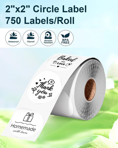 Phomemo 2x2 White Circle Thermal Direct Shipping Label, 2''x 2'' Roll Labels, Thermal Sticker Label For Logo, Package, DIY Design, Address, 1 Pack 750 Labels