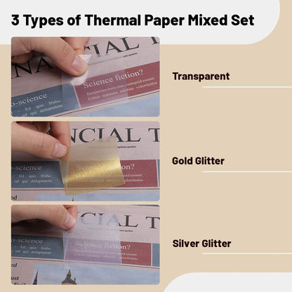 Phomemo Stampante M02/M02Pro/M02S/M03/M03AS/M04S/M04AS Paper, Carta Termica, Trasparente e Argento Glitterato, Set di Carta Adesiva Stampabile, 3 Rotoli
