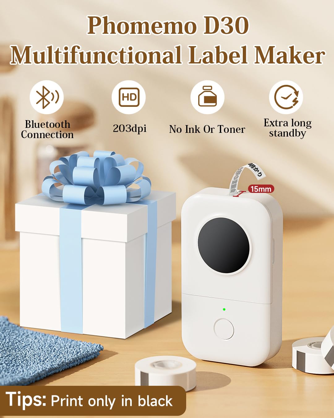 Label Maker Machine with Tape-Phomemo D30 Bluetooth Mini Portable Lable Printer,Labeler for Office Home Organization,for Android iOS,Gift for Men,Woman,Cute School Supplies,USB Rechargeable