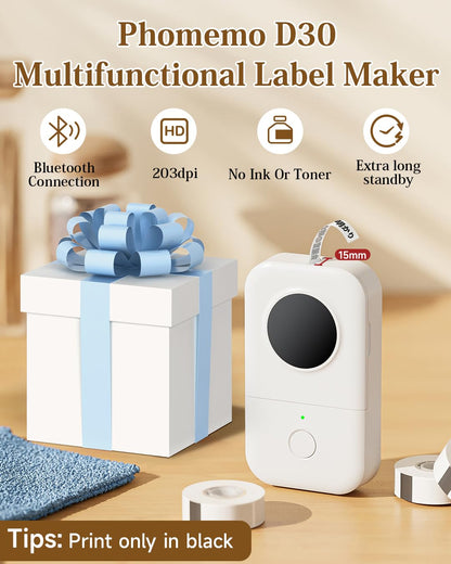 Label Maker Machine with Tape-Phomemo D30 Bluetooth Mini Portable Lable Printer,Labeler for Office Home Organization,for Android iOS,Gift for Men,Woman,Cute School Supplies,USB Rechargeable