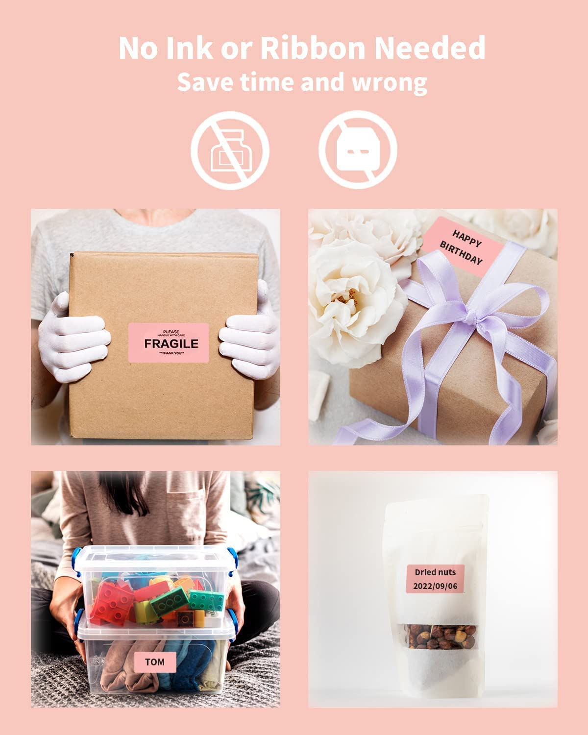Phomemo 2.25''x1.25'' Termal Etiketler Kendinden Yapışkanlı 1000 Pembe Etiket/Rulo, MUNBYN, Phomemo, Polono Nakliye Etiket Yazıcısı ile Uyumlu, Barkod için BPA İçermeyen Termal Etiketler, Adres