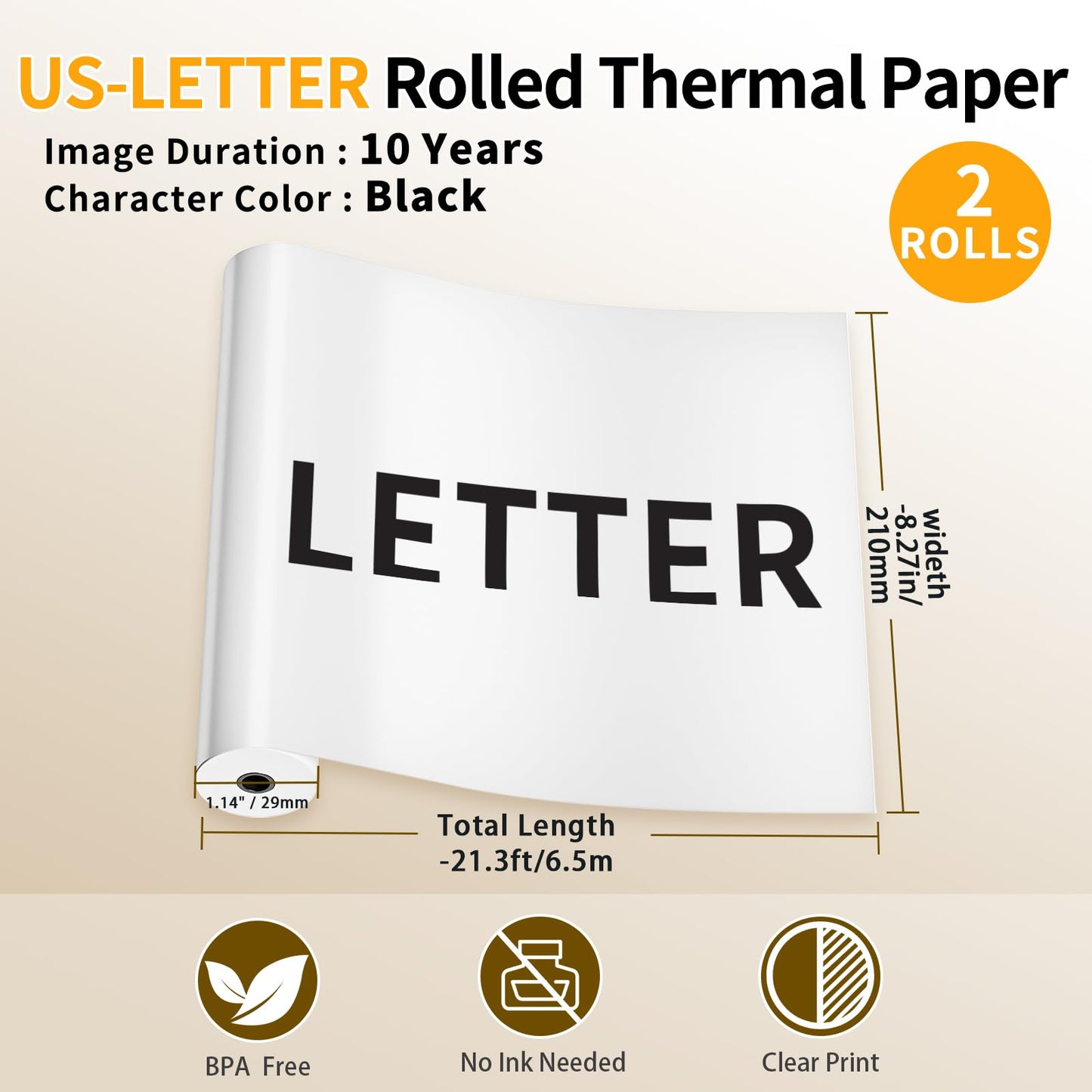 Phomemo US Letter Thermal Paper, Quick-Dry Continuous M832 Thermal Printer Paper, Compatible with M832/M833/M834/M835 Portable Printer Paper 8.5''x11'', Documents,Text, Study Notes, 2 Rolls