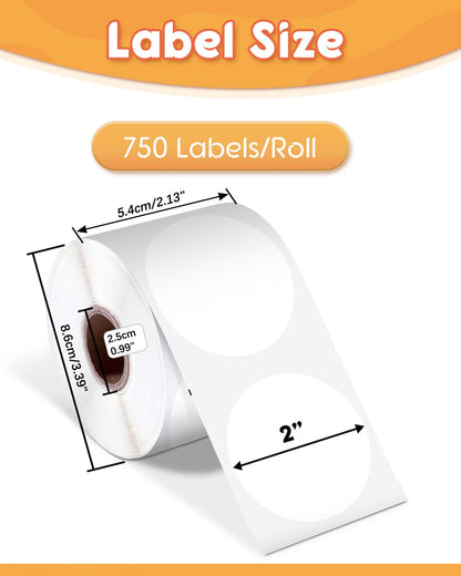 Phomemo 2'' Round Thermal Labels, Self-Adhesive Circle Sticker Printer Label, Circular Direct Thermal Printer Label for Thanks Card, Logo Design, Name/Price, Address, QR Code, 750 Labels/Roll, White