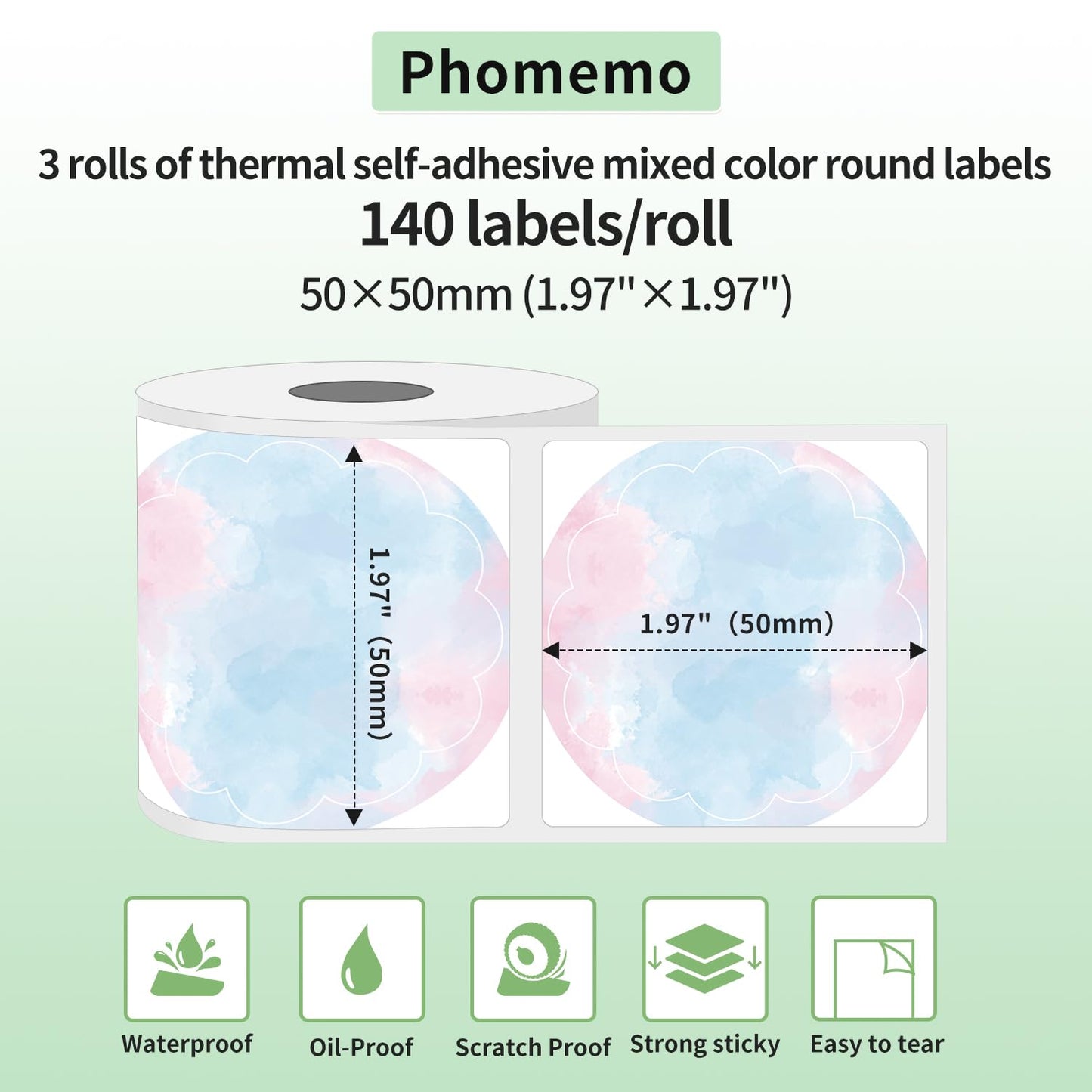 Phomemo 3 rollen M110 thermische transfer-etiketten rond - multifunctionele zelfklevende etiketten, 3 rollen 50 x 50 mm kleurrijke ronde etiketten, 140 etiketten/rol, in totaal 3 rollen