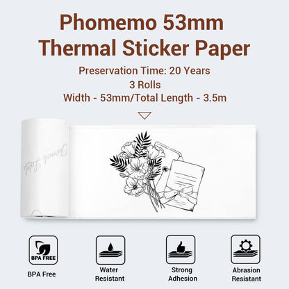 Phomemo Thermisch papier 53 mm voor M02, M02S, M02Pro, M03, M03AS, M04S, M04AS mini-zakprinter, 3 rollen zelfklevend stickerpapier, zwart op wit, 53 mm x 3,5 m, 20 jaar houdbaarheid, 3 rollen