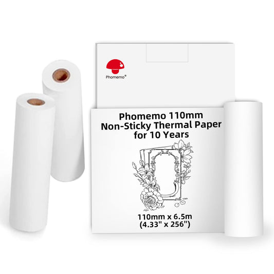 Phomemo 110mm Non-Adhesive White Thermal Paper for M04S/M04AS/M832/M833/M834 Printers, 110mmx6.5m, 10 Years Canning, Black on White, for Stickers, Diary, Texts, Study Notes, 3