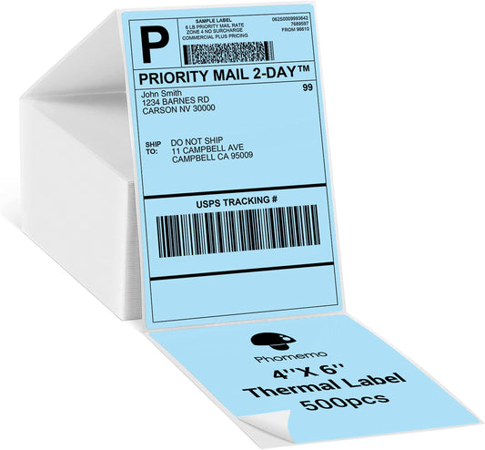 Phomemo 10x15 cm (4x6'') thermische printerlabel, thermisch direct verzendlabel, verpakkingslabel, compatibel met Rollo Dymo Phomemo en andere 4x6'' labelprinters, 500 4x6'' fanfold label, blauw