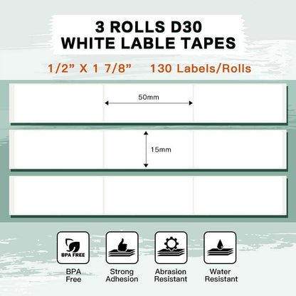 Phomemo D30 Étiquettes autocollantes thermiques, 15 mm*50 mm, compatibles avec l'imprimante d'étiquettes Phomemo D30, 3 rouleaux de 130 étiquettes blanches