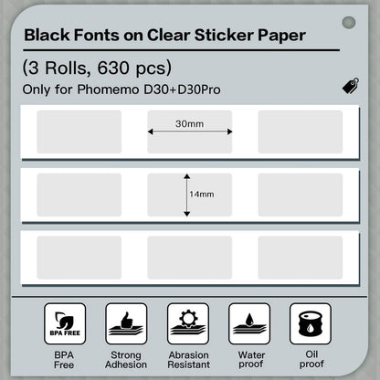 Phomemo D30 - Etiquetas t¨¦rmicas adhesivas transparentes, 14 x 30 mm, 3 rollos