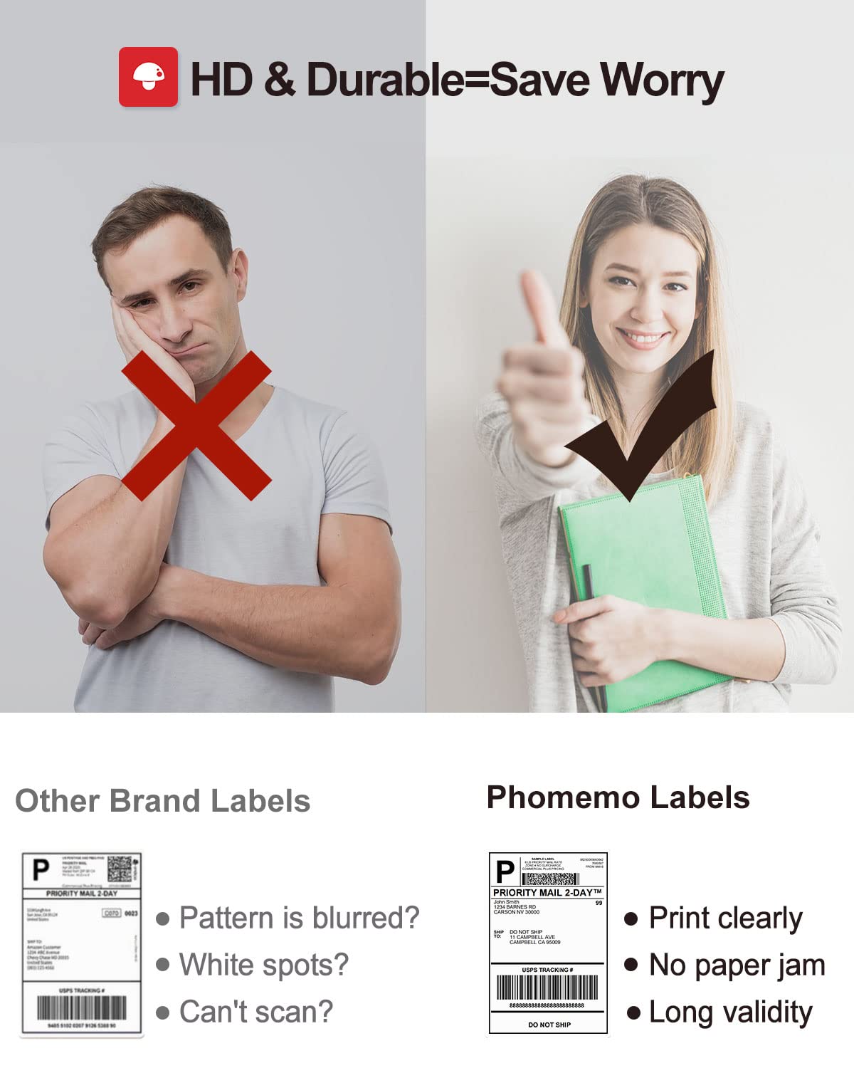 Phomemo 4x6 Thermal Label Printer Paper - 500 PCS White 4''x6'' Fan-Fold Labels Shipping Supplies Labels - Water/Oilproof Label Stickers - Permanent Adhesive Thermal Shipping Label for Shipping Packages