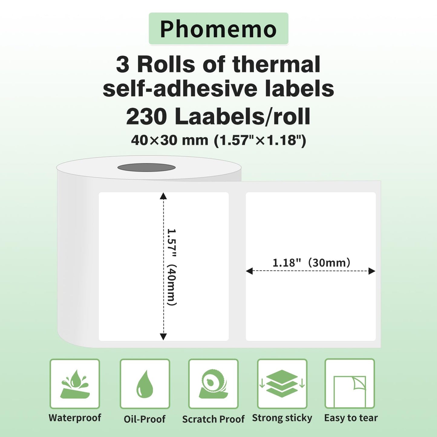 Phomemo 3 rollen M110 etiket, zelfklevend thermisch label, 40 x 30 mm, 3 rollen van 230 etiketten/rol, compatibel met Phommeo M110 M200 M120 M220 M221 labelmaker, 3 rollen multifunctionele etiketten