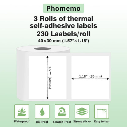 Phomemo 3 rollen M110 etiket, zelfklevend thermisch label, 40 x 30 mm, 3 rollen van 230 etiketten/rol, compatibel met Phommeo M110 M200 M120 M220 M221 labelmaker, 3 rollen multifunctionele etiketten