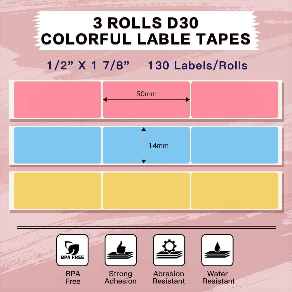 Phomemo D30 Label 14¡Á50mm-Adhesive Thermal Label Blue/Pink/Yellow, 130 Labels/Per Roll, 3roll, Used for Kitchen Marking, Expiration Date, File Classification and so on